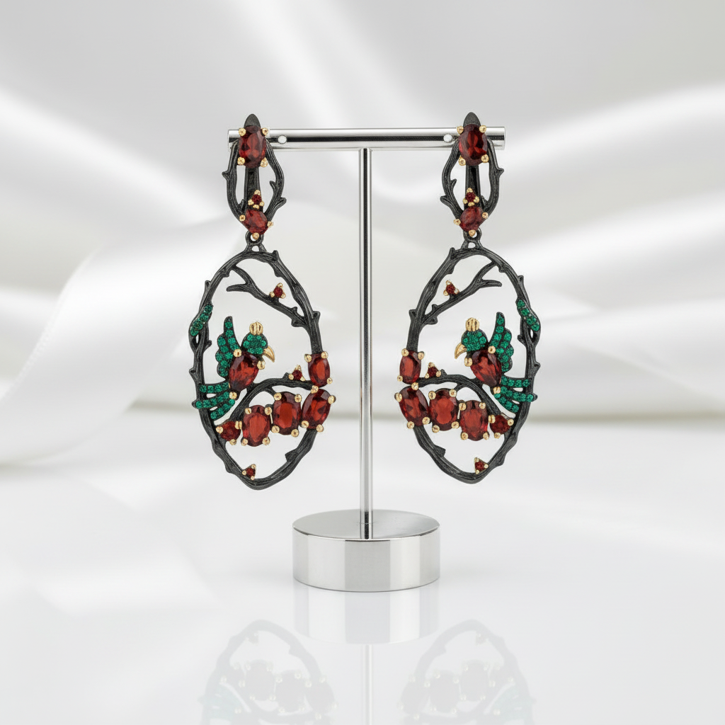 Red Garnet Gemstone Flower Buds Bird Earrings-Black Diamonds New York