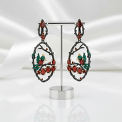 Red Garnet Gemstone Flower Buds Bird Earrings-Black Diamonds New York