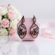 Red Garnet Gemstone Flower Buds Bird Earrings-Black Diamonds New York