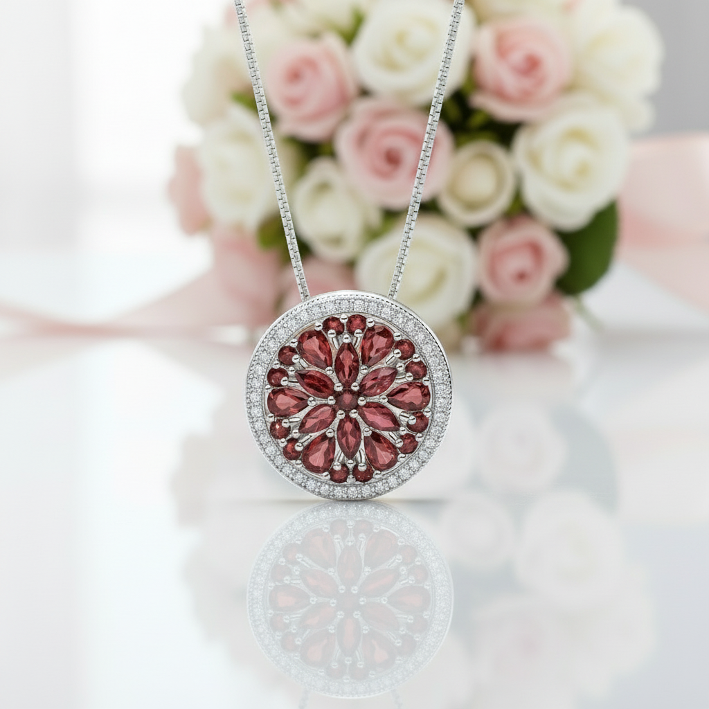 Natural Red Garnet Gemstone Round Pendant Necklace-Black Diamonds New York