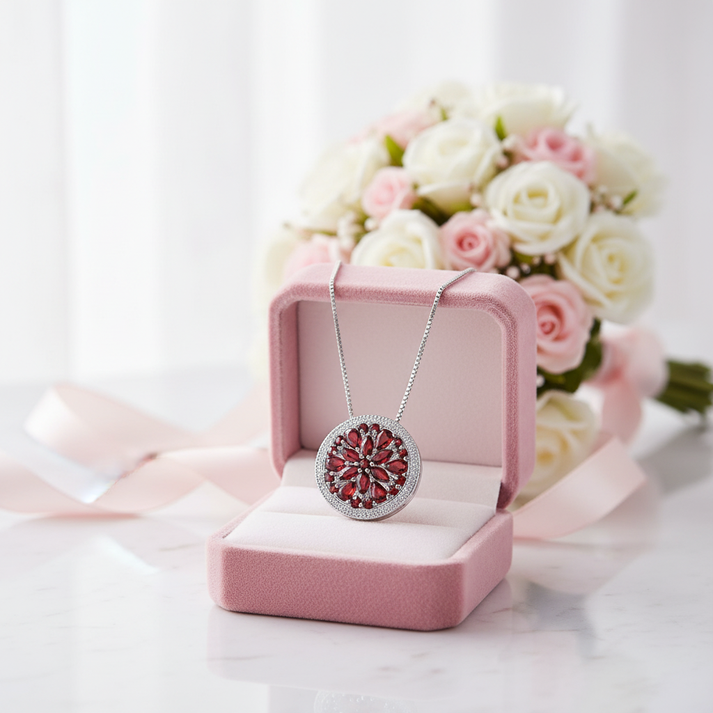 Red Garnet Gemstone Round Pendant Necklace-Black Diamonds New York