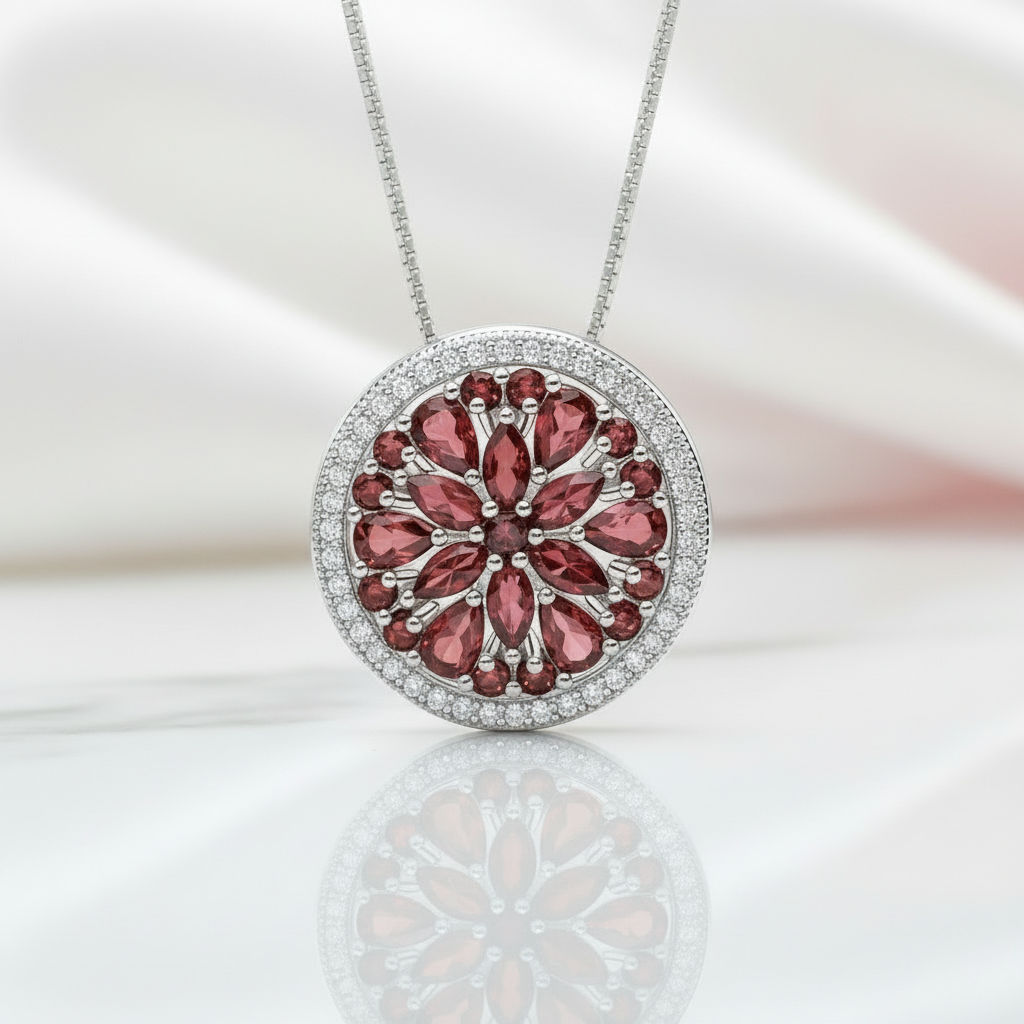 Natural Red Garnet Gemstone Round Pendant Necklace-Black Diamonds New York