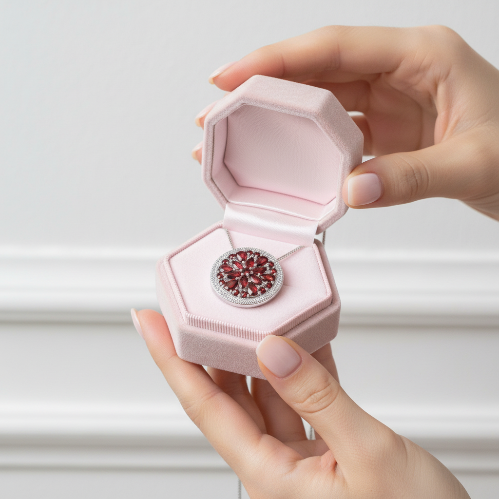 Natural Red Garnet Gemstone Round Pendant Necklace-Black Diamonds New York