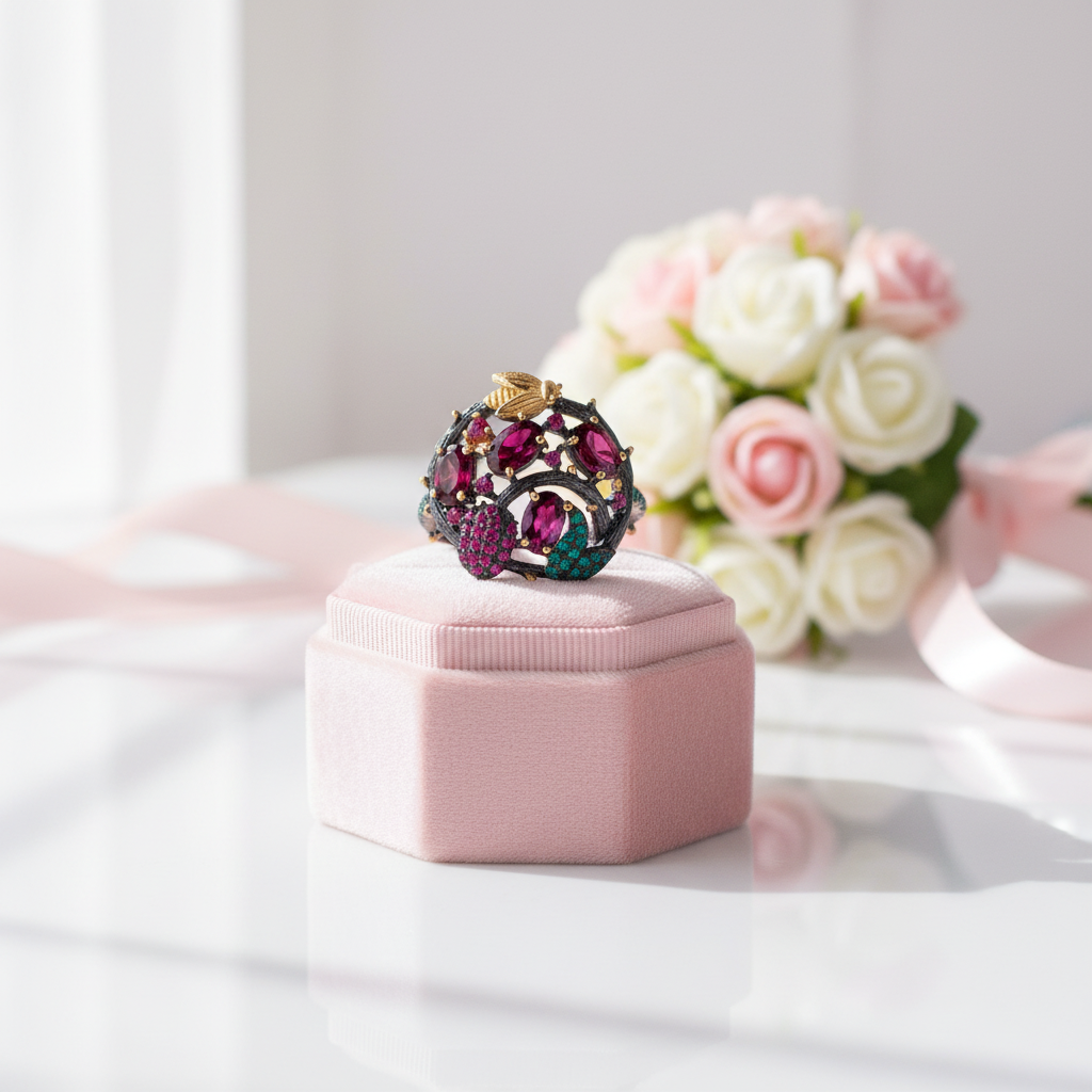 Rhodolite Garnet Gemstone Gold Bee on Branch Ring-Black Diamonds New York