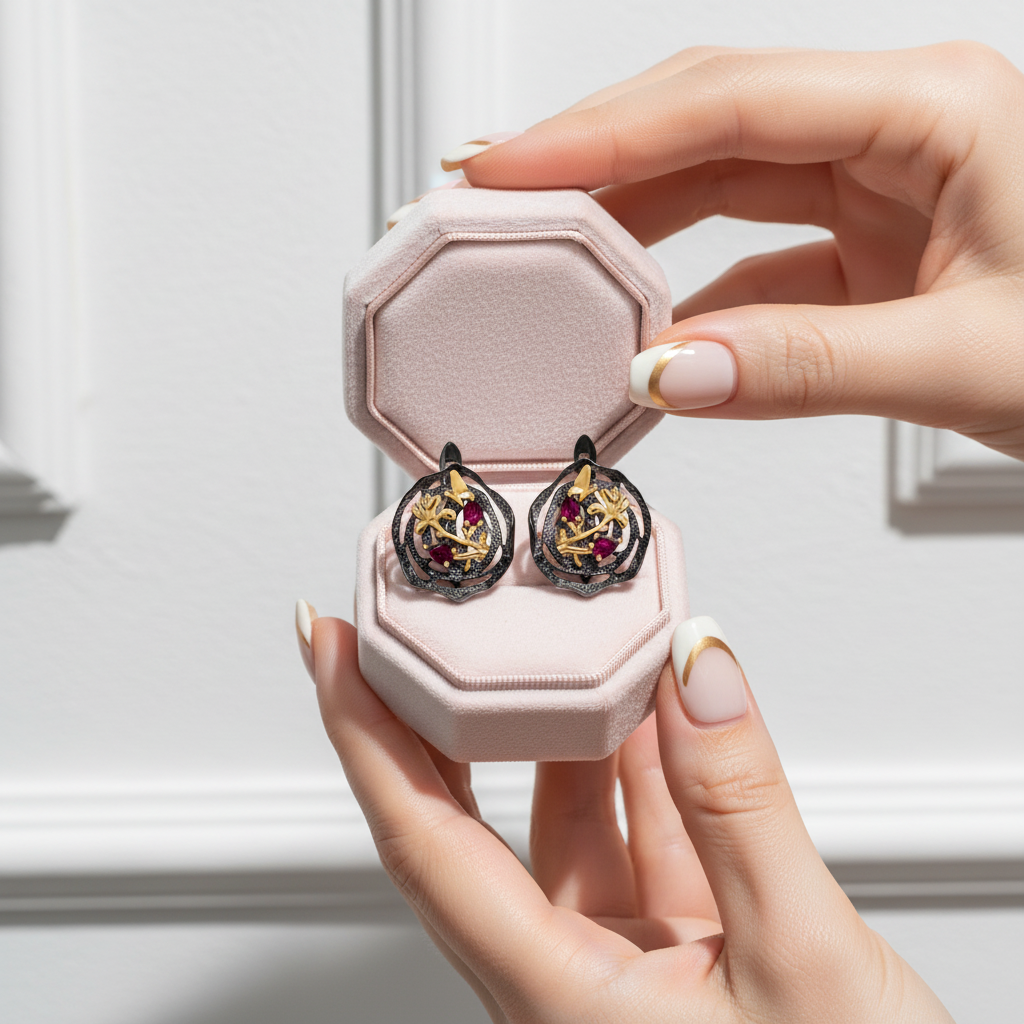 Rhodolite Garnet Lotus Earrings-Black Diamonds New York