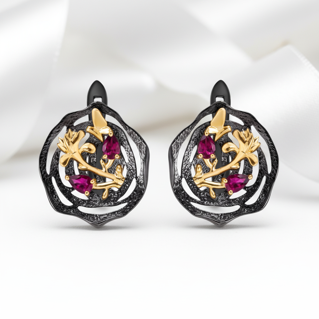 Rhodolite Garnet Lotus Earrings-Black Diamonds New York