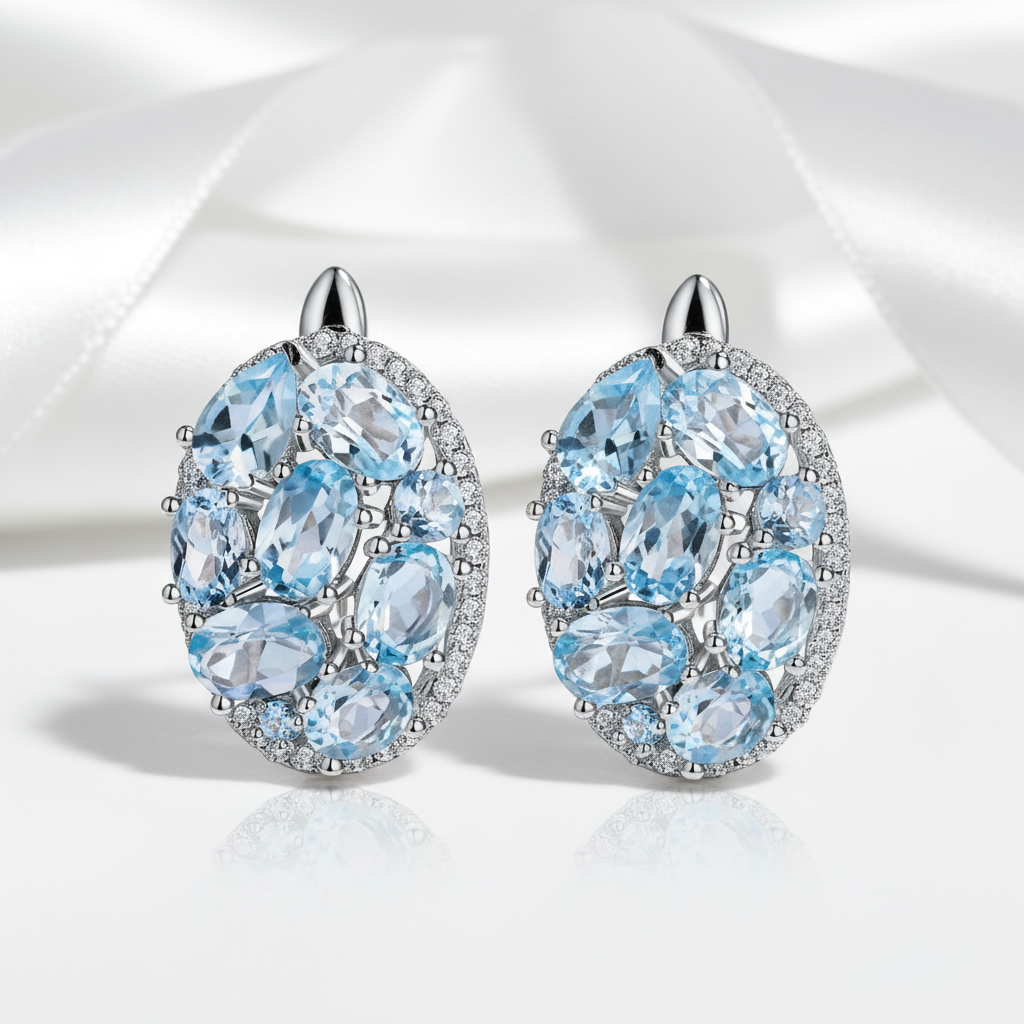 Sky Blue Topaz Oval Clip Earrings-Black Diamonds New York