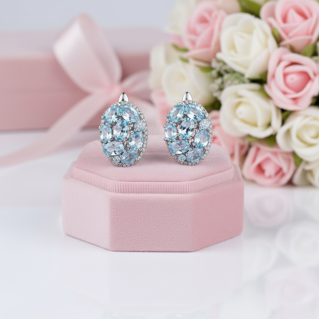 Sky Blue Topaz Oval Clip Earrings-Black Diamonds New York