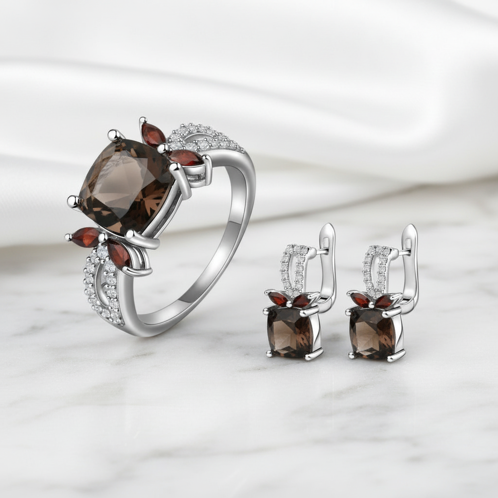 Smoky Quartz Garnet Jewelry Set-Black Diamonds New York