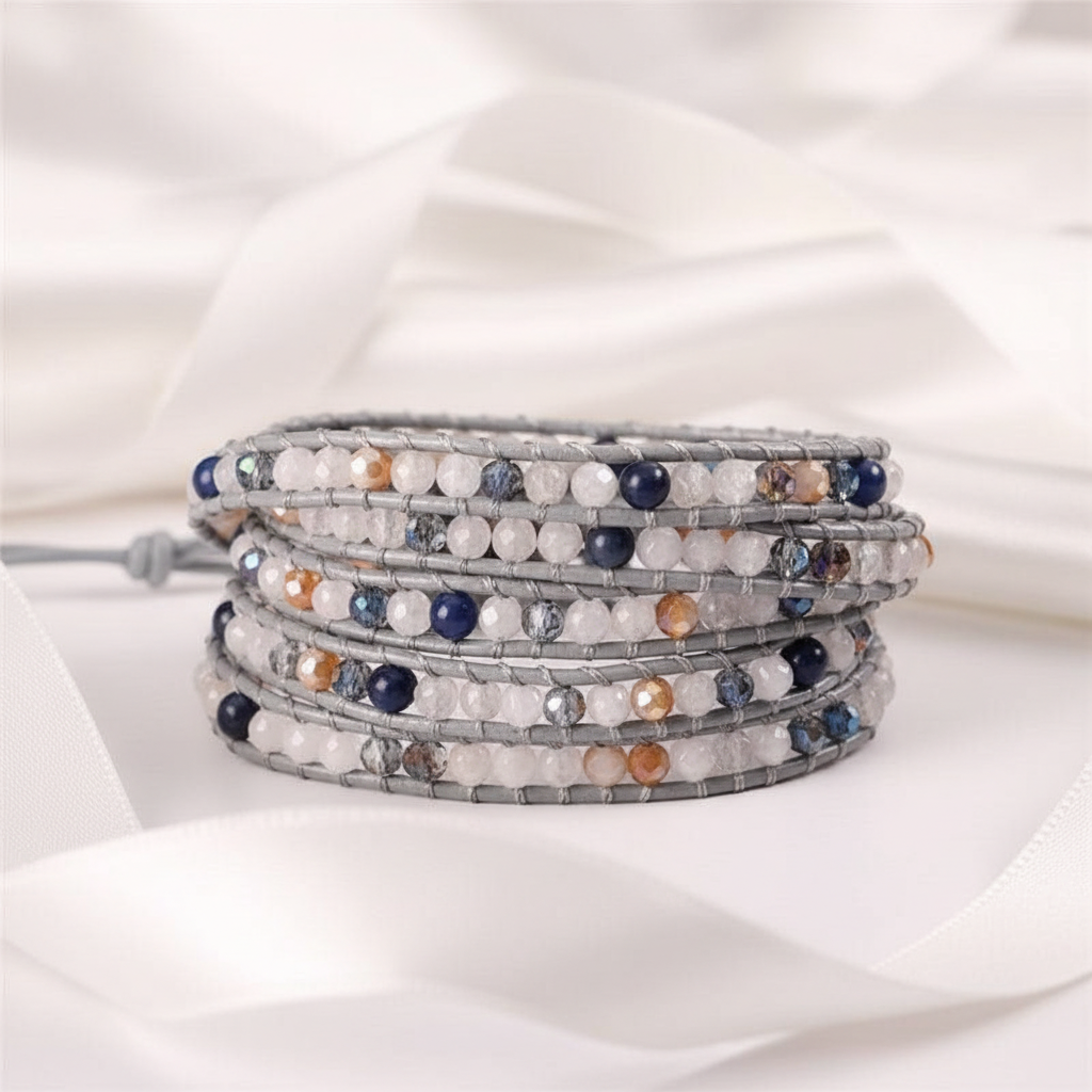 Natural Stone & Leather Wrap Bohemian Bracelet-Black Diamonds New York