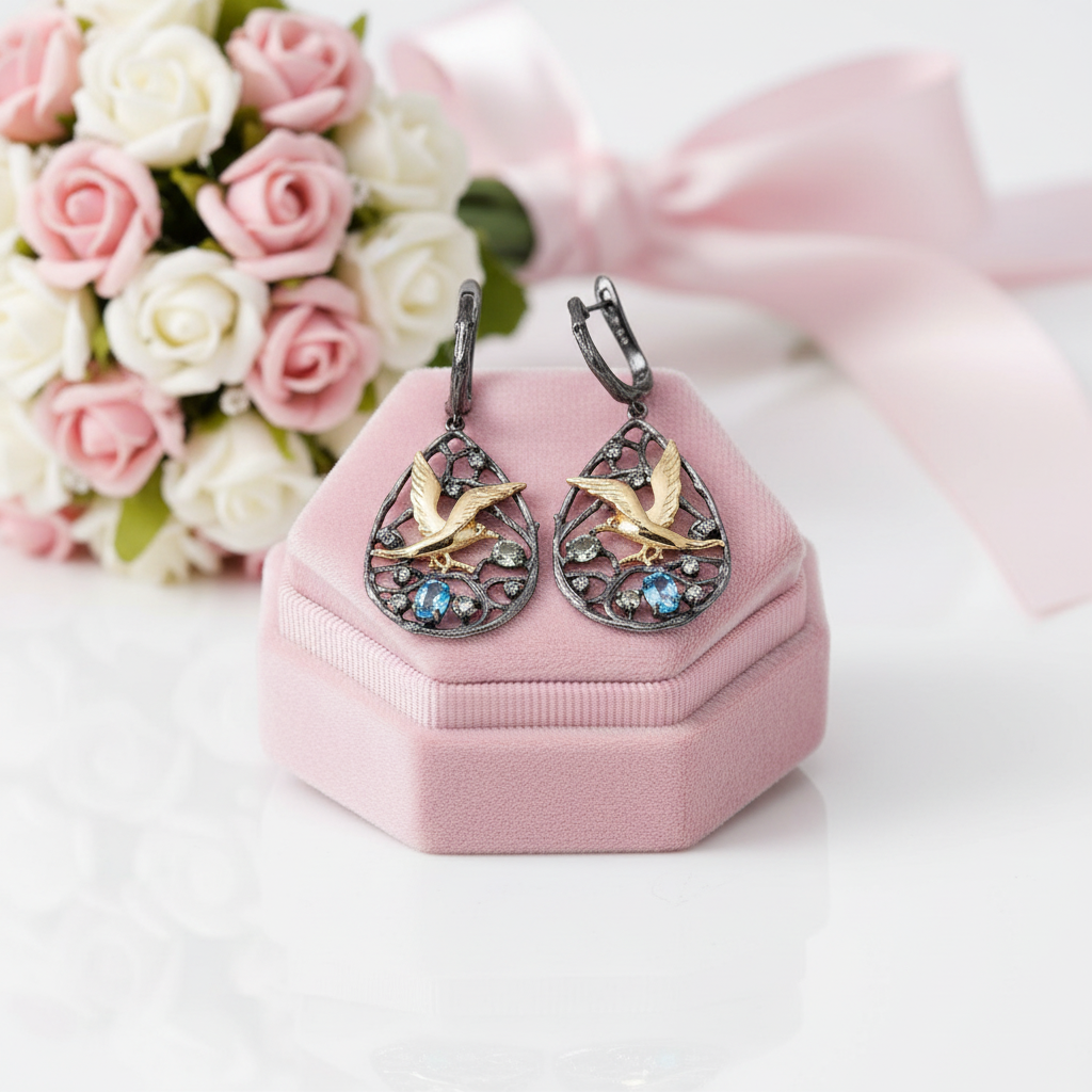 Swiss Blue Topaz Gemstones Handmade Bird on the Tree Drop Earrings-Black Diamonds New York