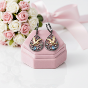 Swiss Blue Topaz Gemstones Handmade Bird on the Tree Drop Earrings-Black Diamonds New York