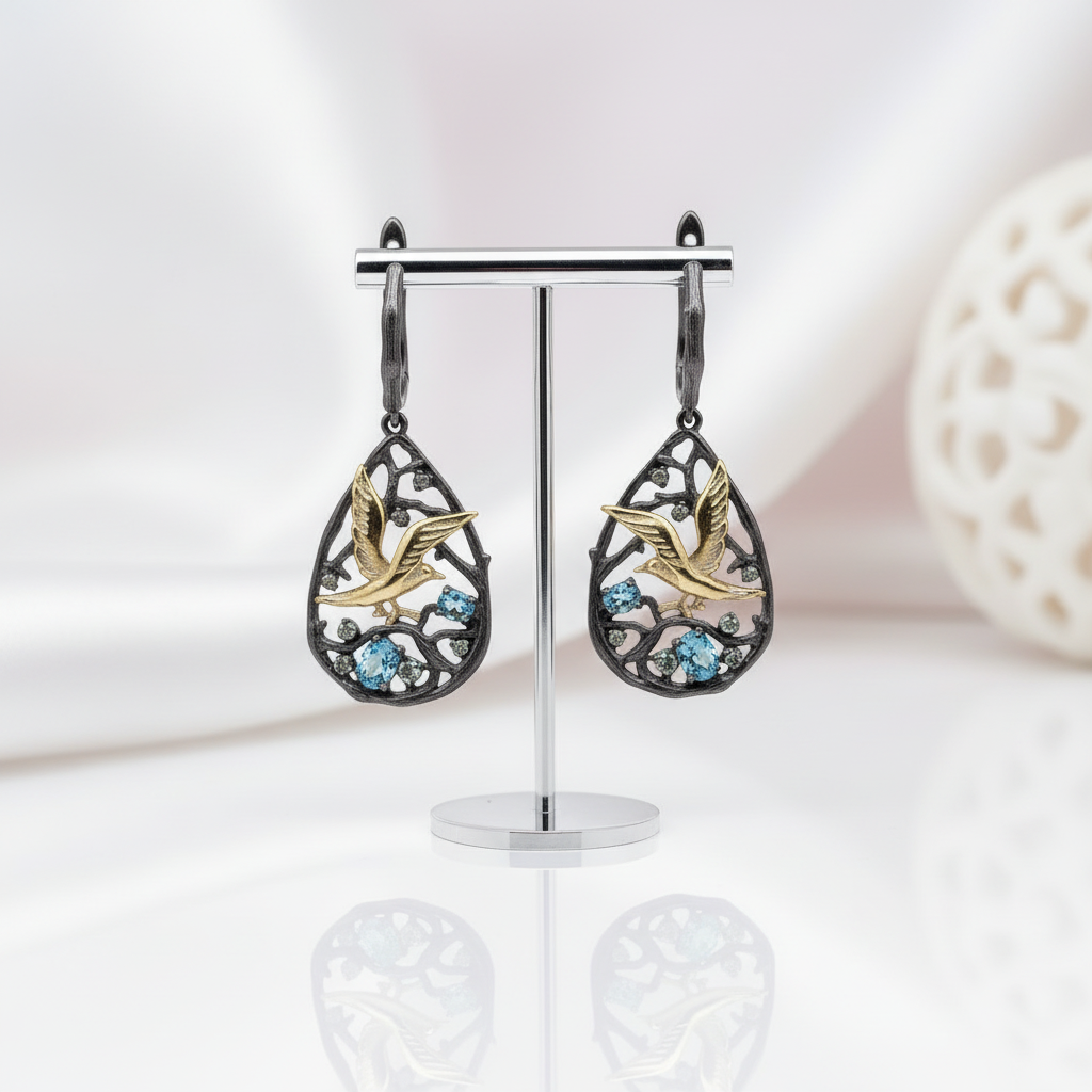 Swiss Blue Topaz Gemstones Handmade Bird on the Tree Drop Earrings-Black Diamonds New York