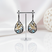 Swiss Blue Topaz Gemstones Handmade Bird on the Tree Drop Earrings-Black Diamonds New York