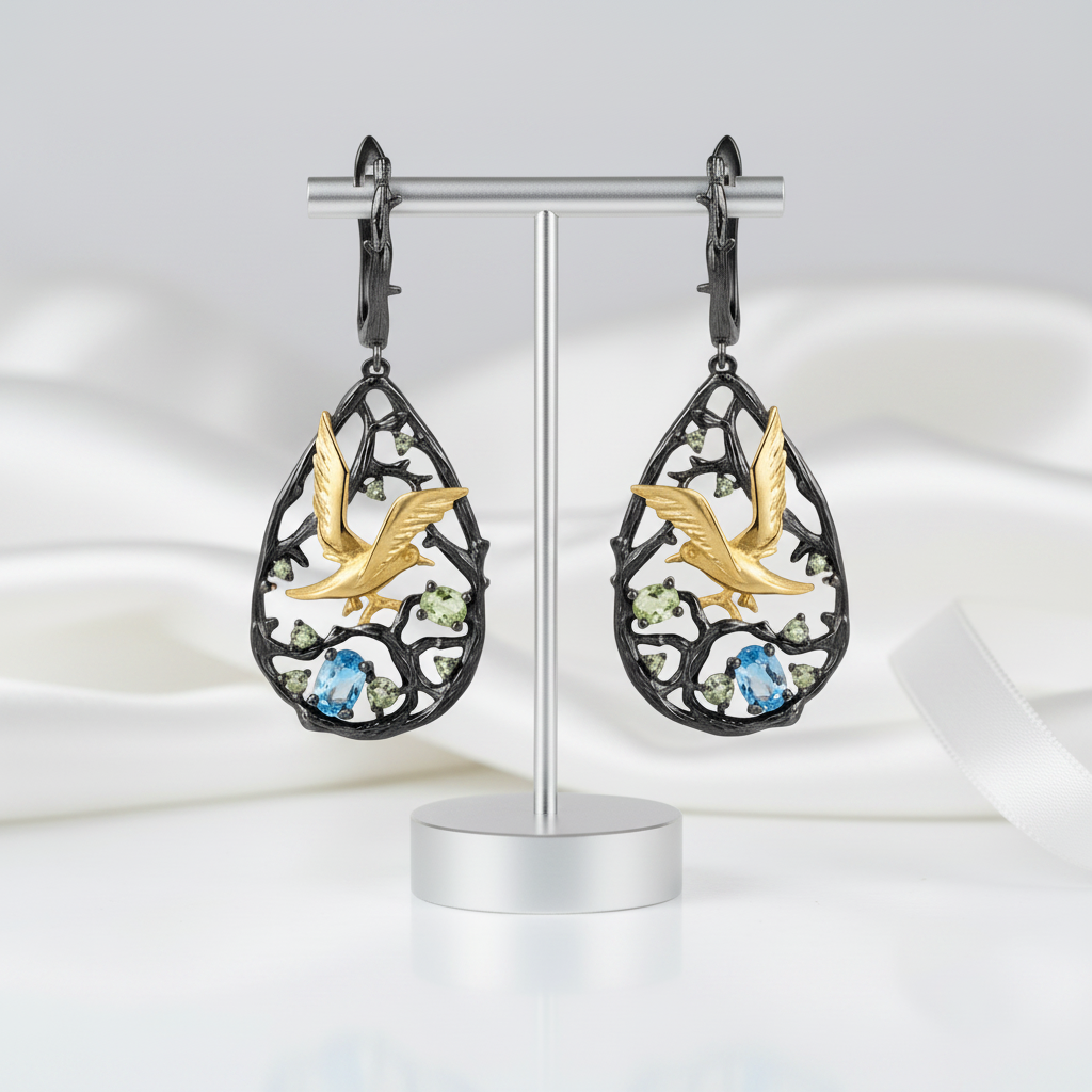Swiss Blue Topaz Gemstones Handmade Bird on the Tree Drop Earrings-Black Diamonds New York