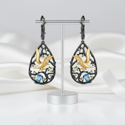 Swiss Blue Topaz Gemstones Handmade Bird on the Tree Drop Earrings-Black Diamonds New York