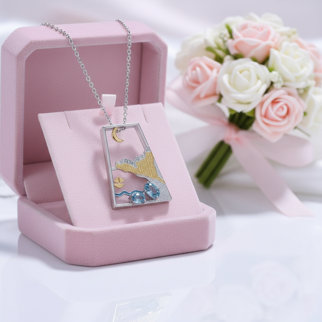 Natural Swiss Blue Topaz Genuine Necklace-Black Diamonds New York