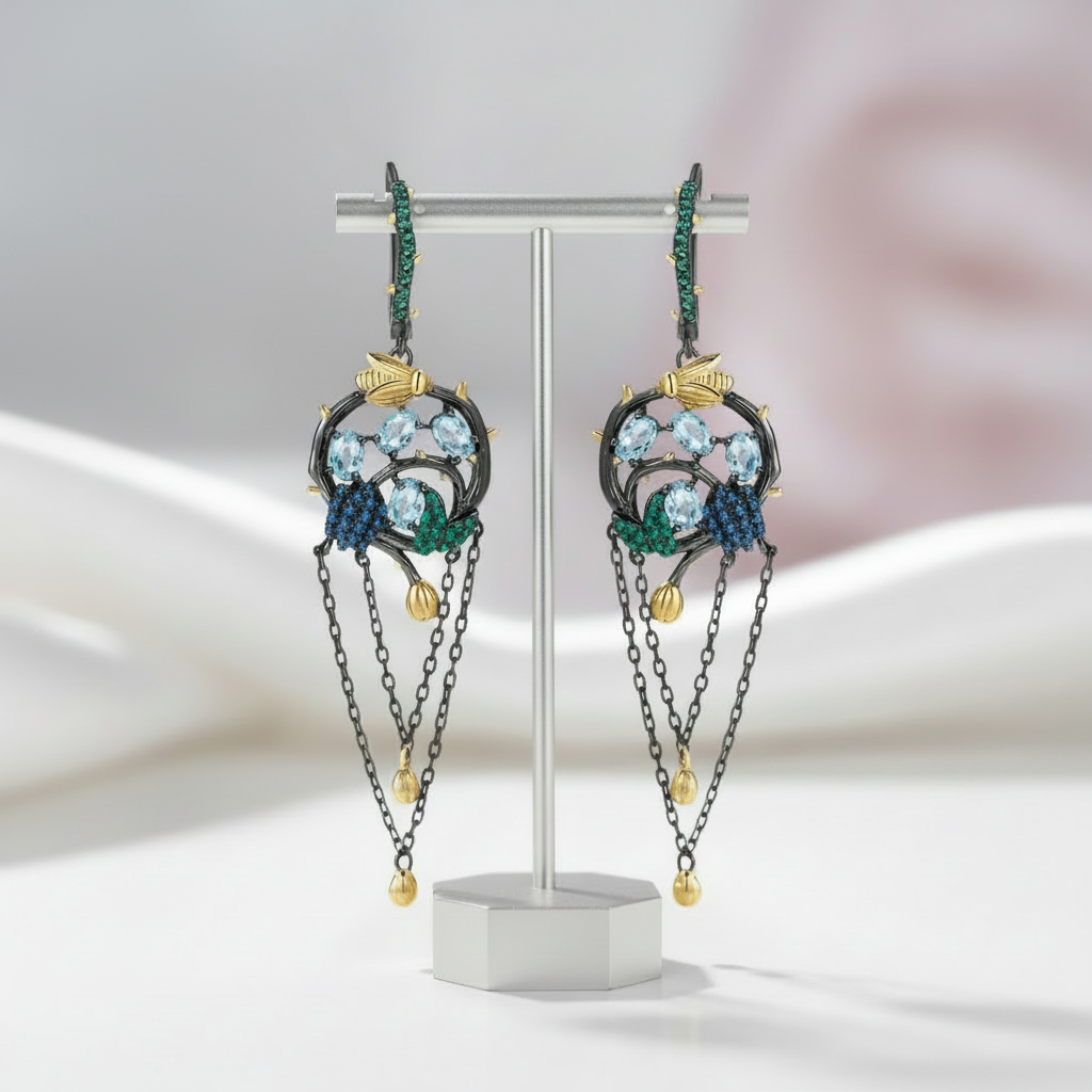Swiss Blue Topaz Handmade Gold Bee on Branch Drop Earrings-Black Diamonds New York
