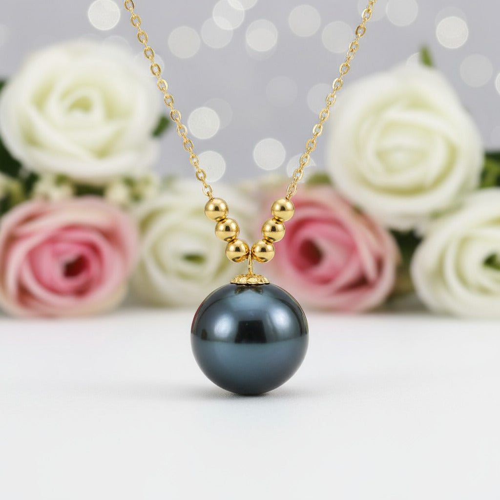 Natural Tahitian Black Pearl 18k Yellow Gold Necklace-Black Diamonds New York