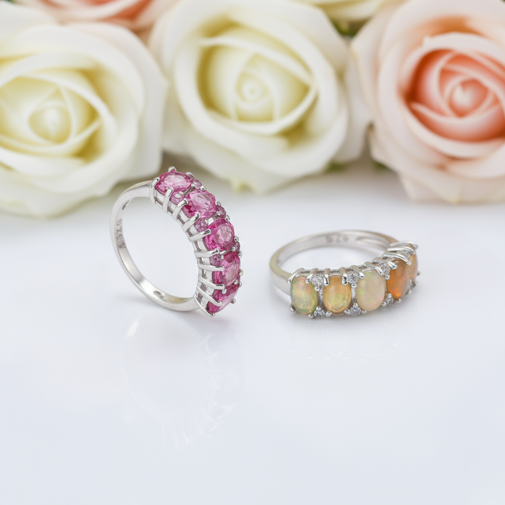 Natural Tourmaline Gemstone Wedding Ring Band-Black Diamonds New York