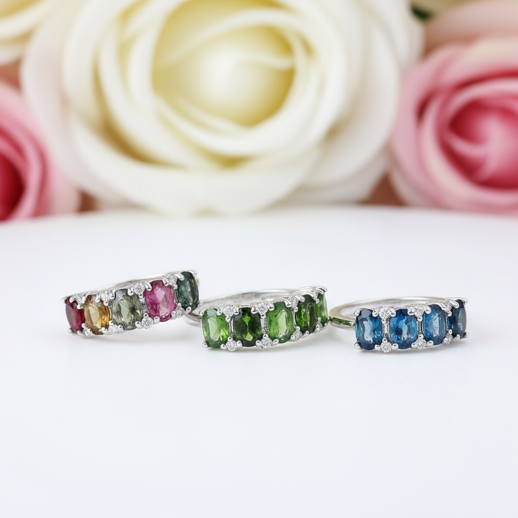 Natural Tourmaline Gemstone Wedding Ring Band-Black Diamonds New York