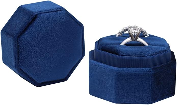 Navy Blue Love Is Patient Double Ring Slots Octagon Velvet Ring Box-Black Diamonds New York