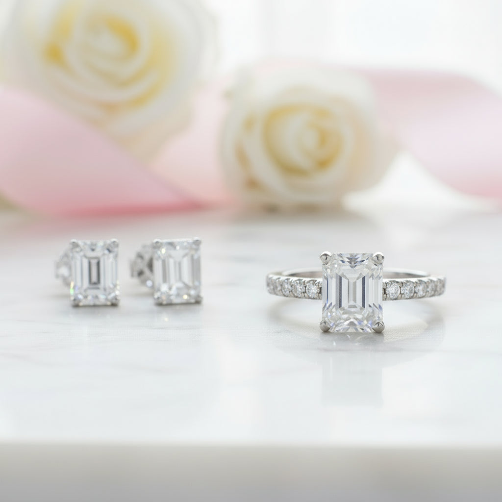 3ct Emerald Cut Moissanite Engagement Ring and Earrings Set-Black Diamonds New York