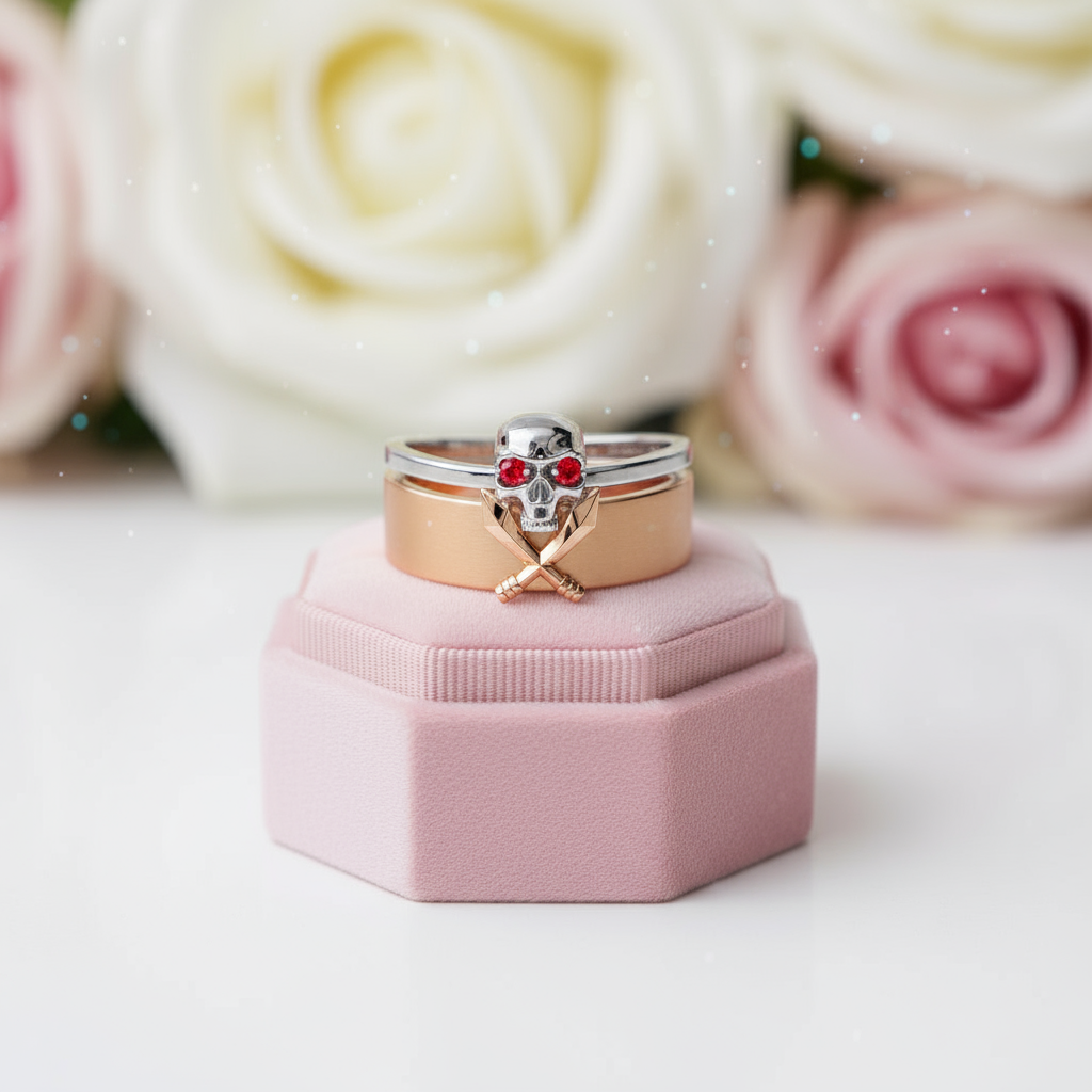 Necromancer's Couples Ring- 14k Rose Gold Video Game Inspired Rings-Black Diamonds New York