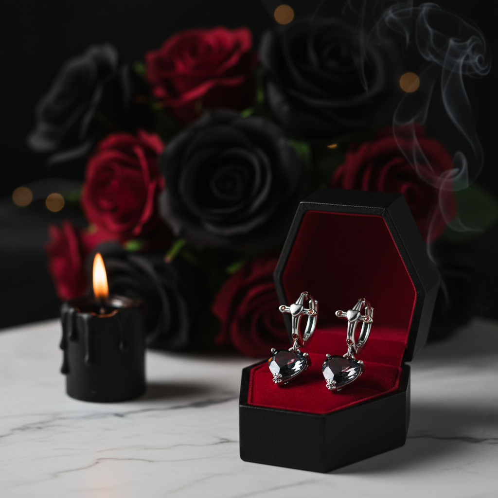 Neo-Gothic Heart & Cross Hoop Earrings-Black Diamonds New York