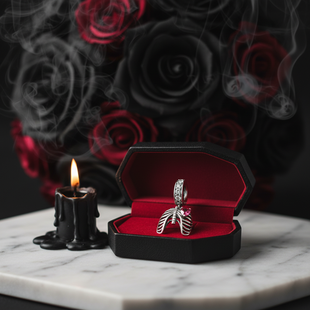 Neo-Gothic Skeleton Ribs & Heart Charm-Black Diamonds New York