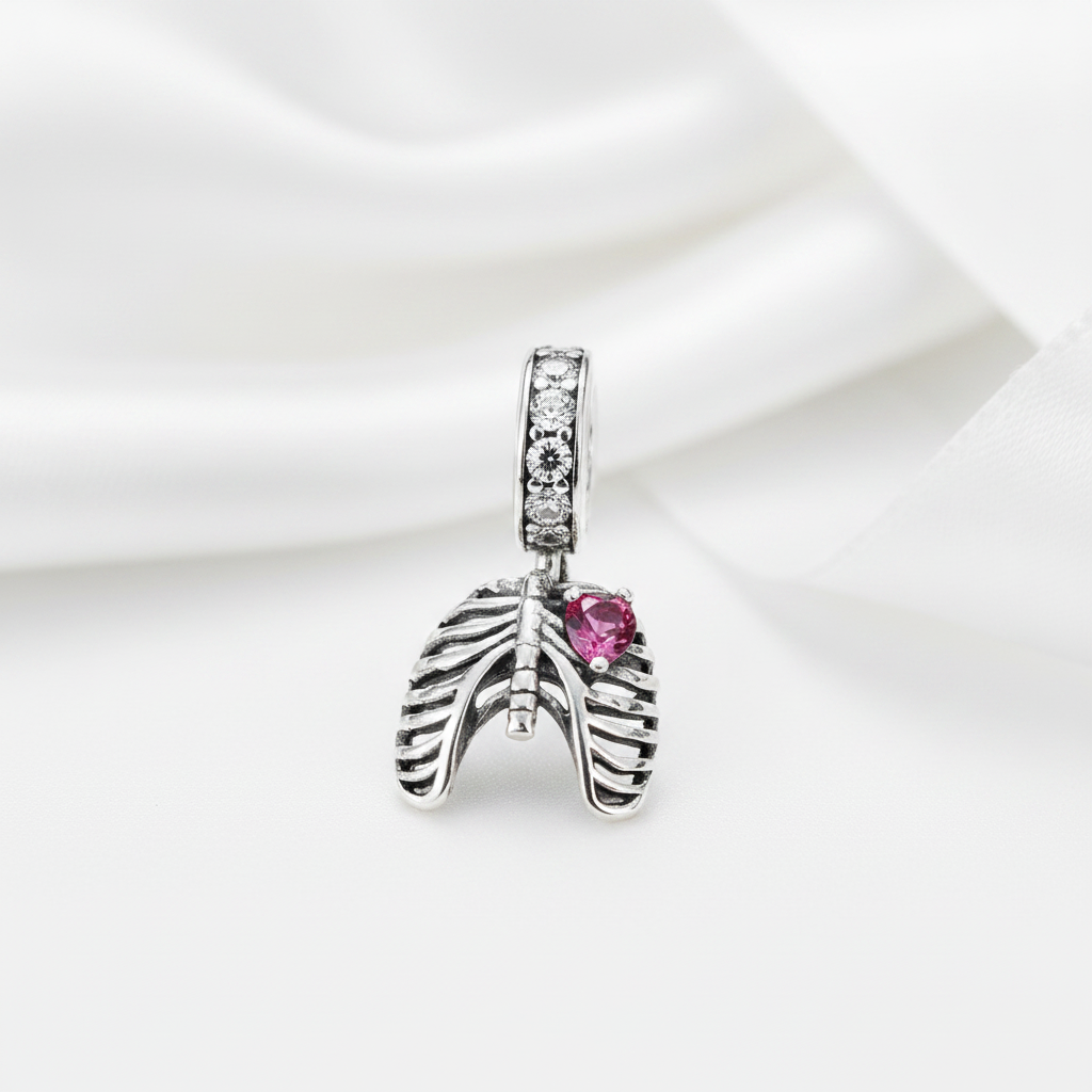 Neo-Gothic Skeleton Ribs & Heart Charm-Black Diamonds New York