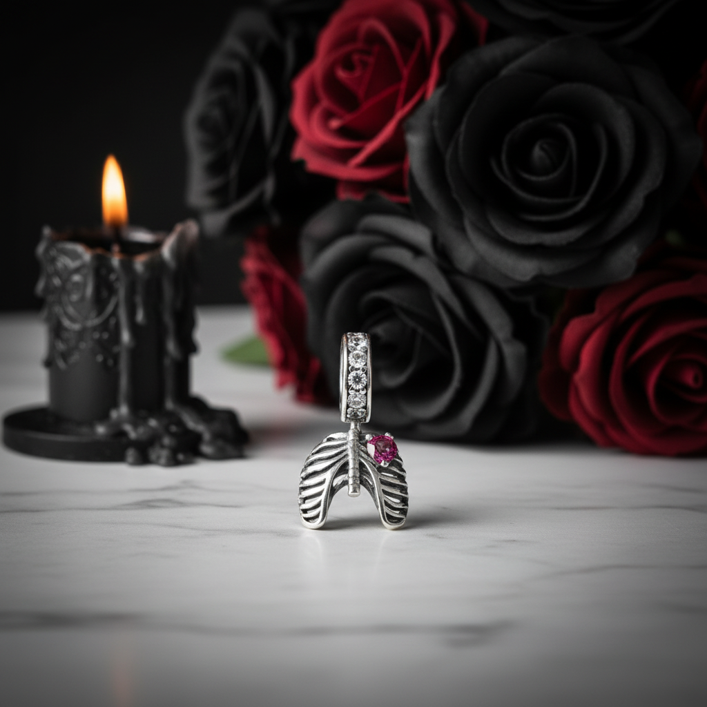 Neo-Gothic Skeleton Ribs & Heart Charm-Black Diamonds New York