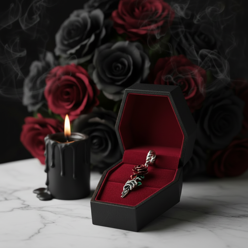Neo-Gothic Skull & Enamel Blood Roses Charms-Black Diamonds New York