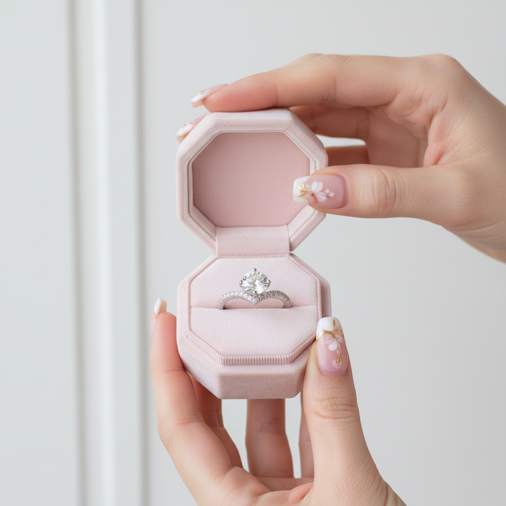 Hand holding a pink jewelry box with an engagement ring inside against a light background