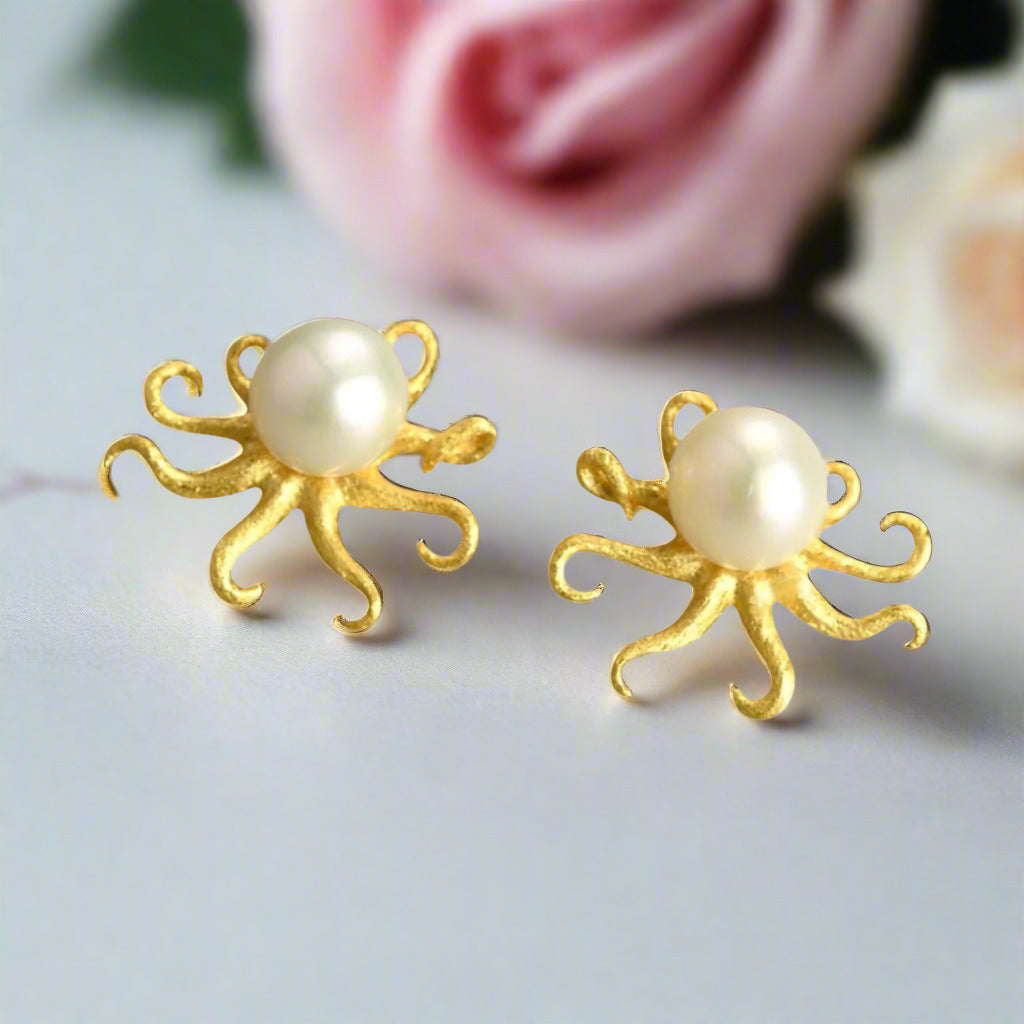 Octopus with Pearl Stud Earrings-Black Diamonds New York