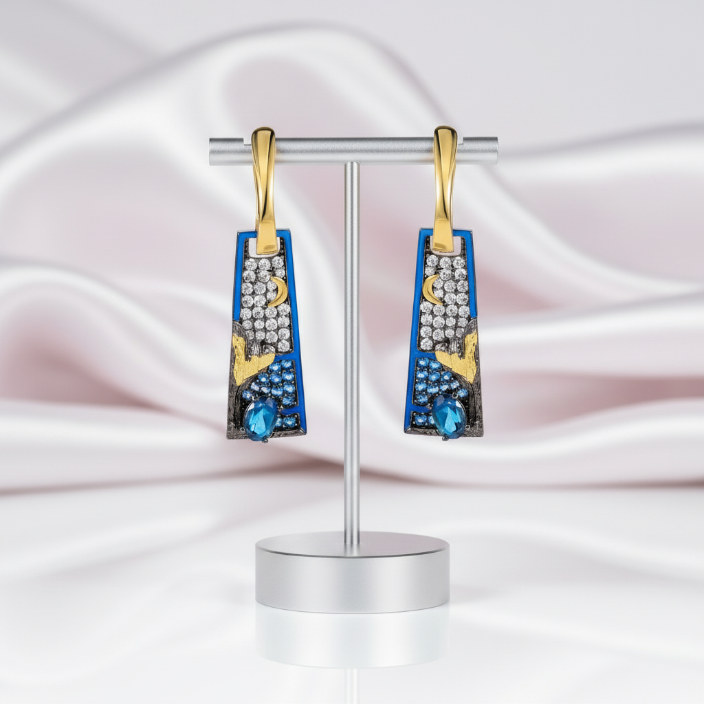 Oil Painting Night Hoop Earrings-Black Diamonds New York