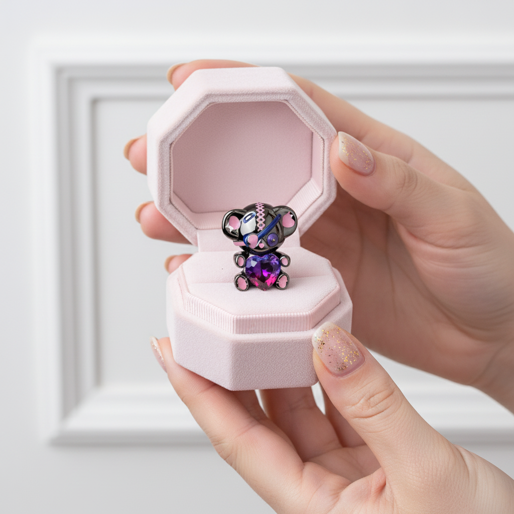 One-eyed Black & Pink Rebellious Bear Charm-Black Diamonds New York