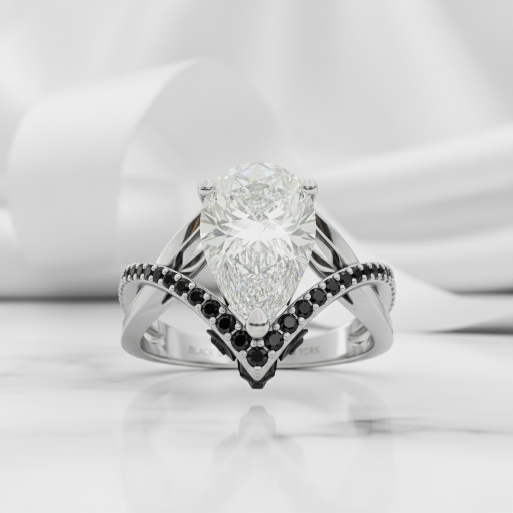 Only You- 1.5 Carat Pear Cut Diamond Skull & Roses Wedding Ring-Black Diamonds New York