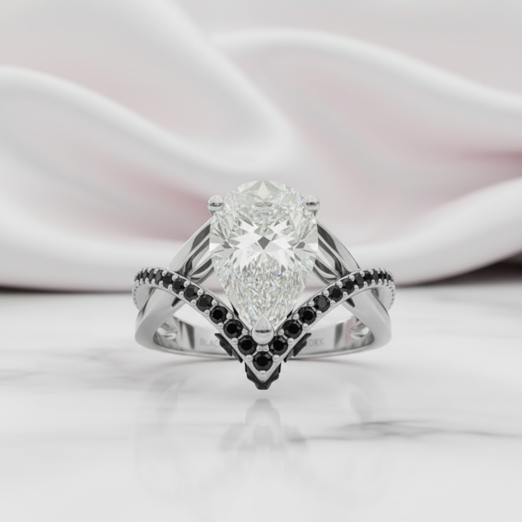 Only You- 1.5 Carat Pear Cut Diamond Skull & Roses Wedding Ring-Black Diamonds New York