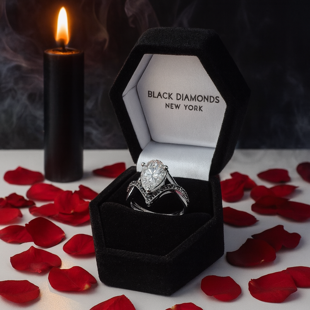 Only You- 1.5 Carat Pear Cut Diamond Skull & Roses Wedding Ring-Black Diamonds New York