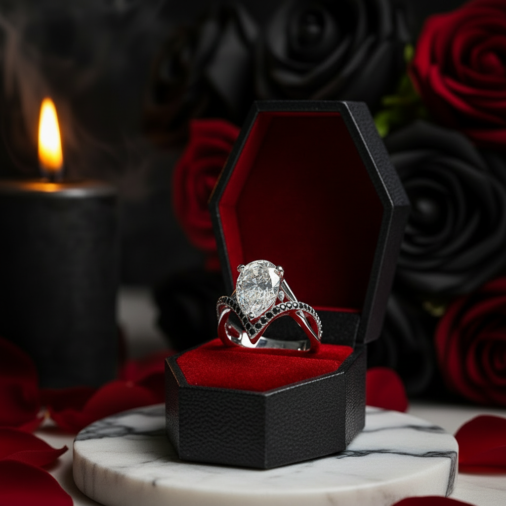 Only You- 1.5 Carat Pear Cut Diamond Skull & Roses Wedding Ring-Black Diamonds New York