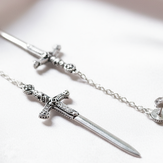 Ornamented Punk Sword Drop Earrings-Black Diamonds New York