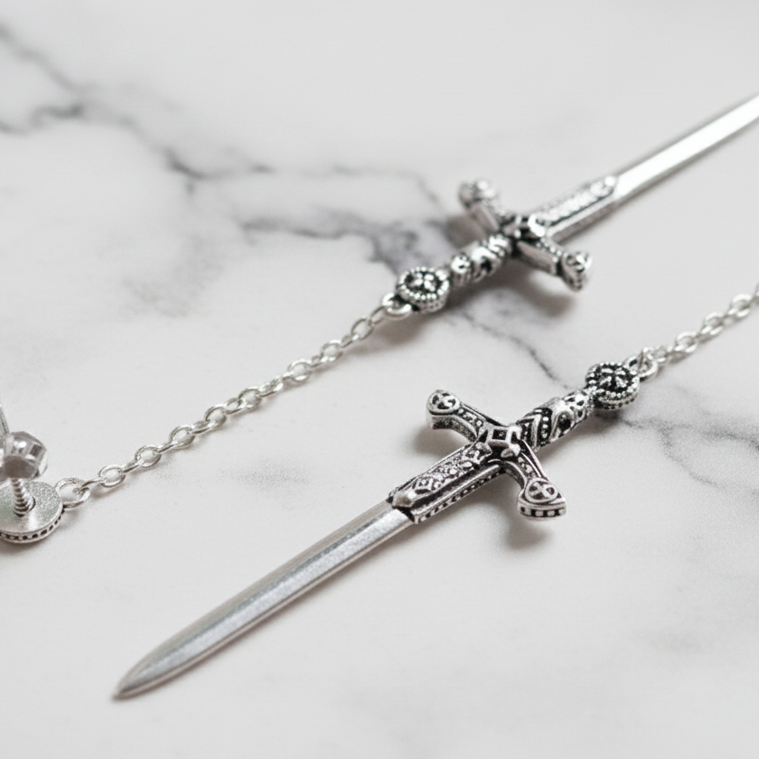 Ornamented Punk Sword Drop Earrings-Black Diamonds New York