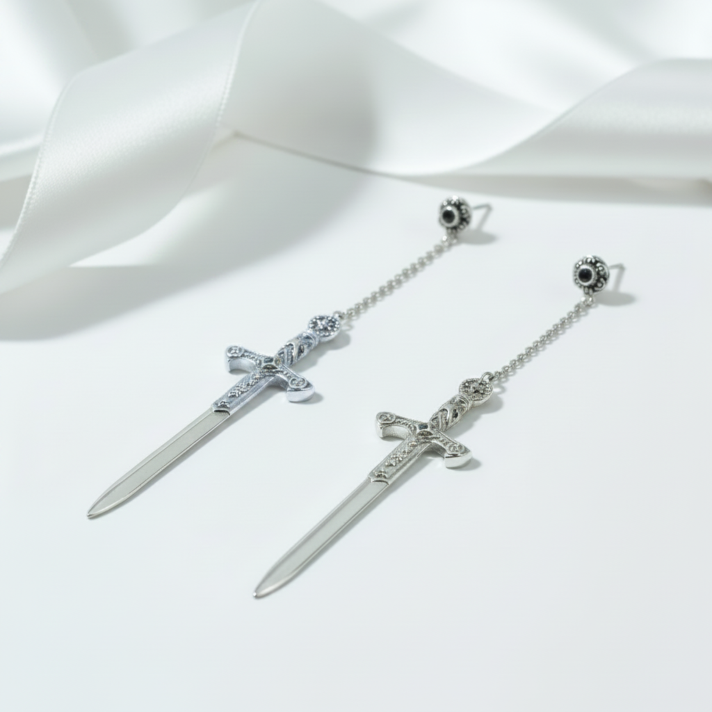 Ornamented Punk Sword Drop Earrings-Black Diamonds New York
