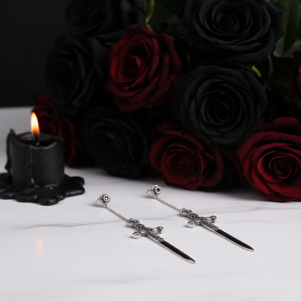 Ornamented Punk Sword Drop Earrings-Black Diamonds New York