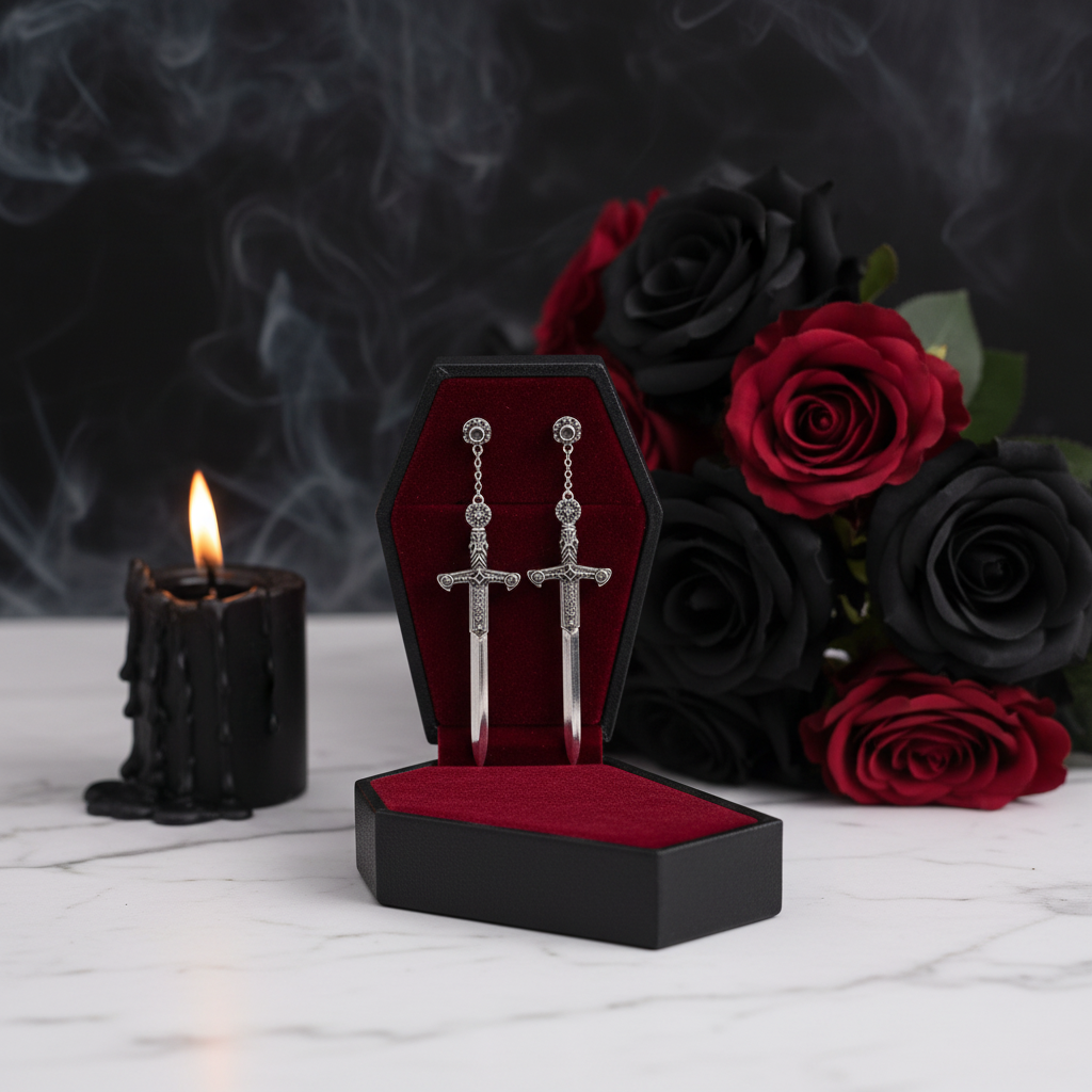 Ornamented Punk Sword Drop Earrings-Black Diamonds New York