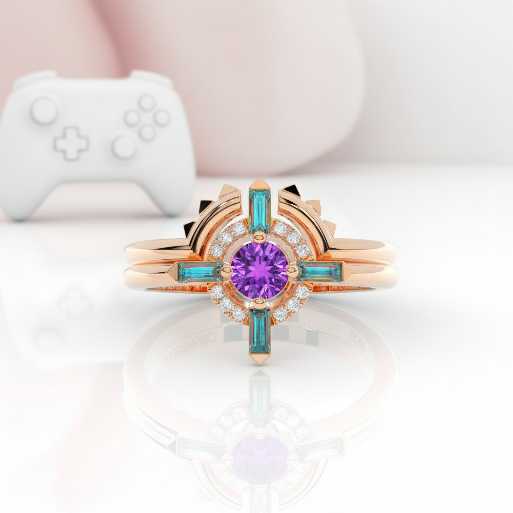 Outlaw's Ring Set- 14k Yellow Gold Video Game Inspired Rings-Black Diamonds New York