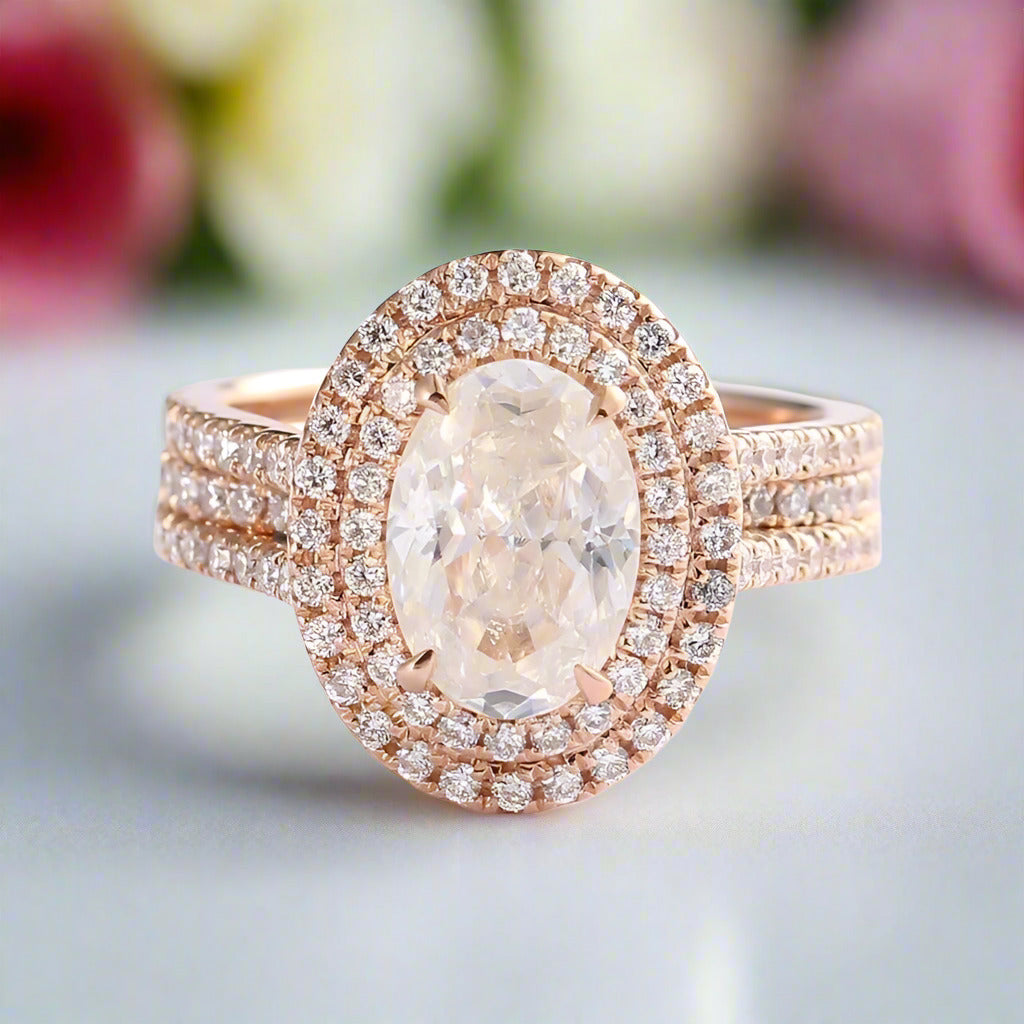 Oval Cut 14k Rose Gold Double Halo Engagement Ring-Black Diamonds New York