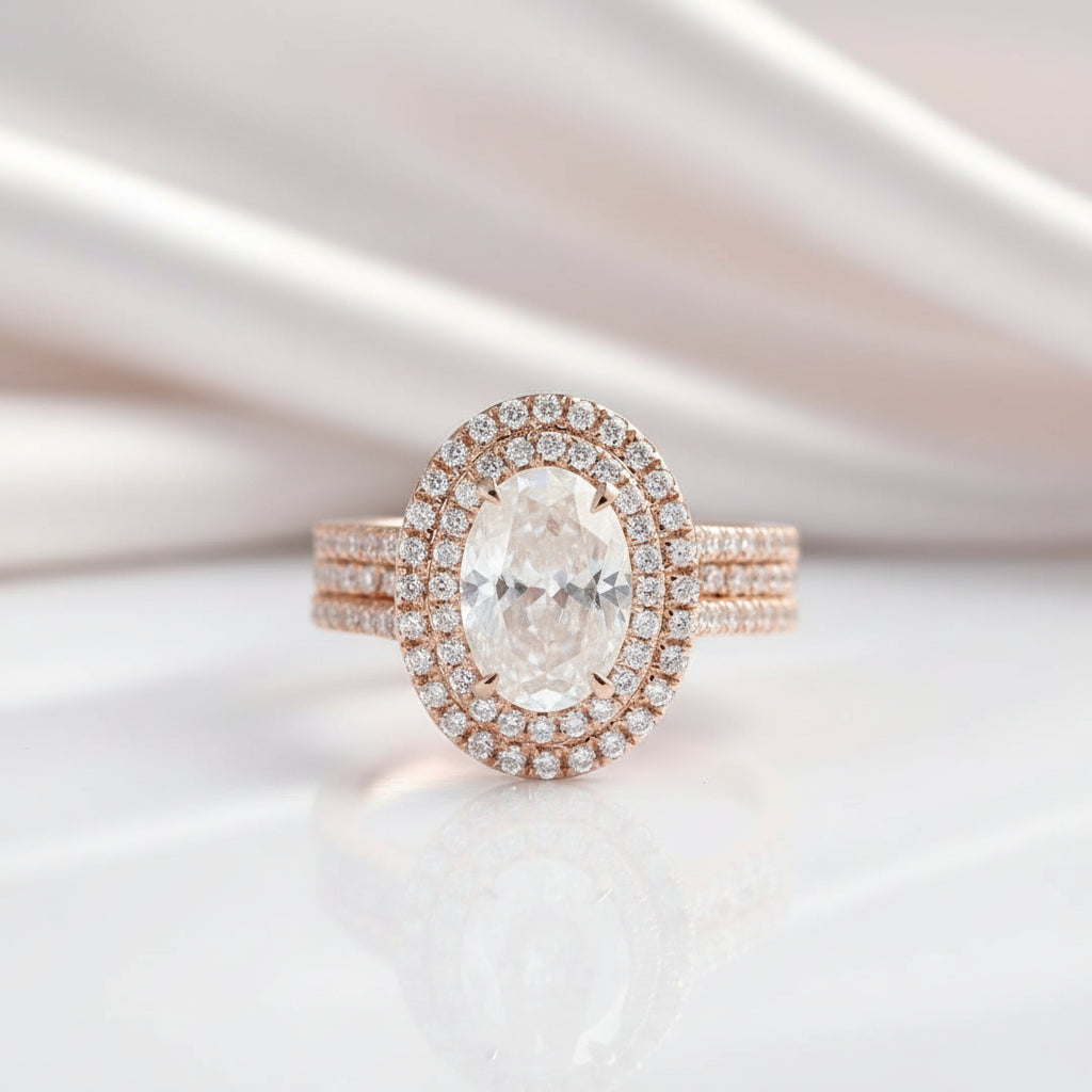 Oval Cut 14k Rose Gold Double Halo Engagement Ring-Black Diamonds New York