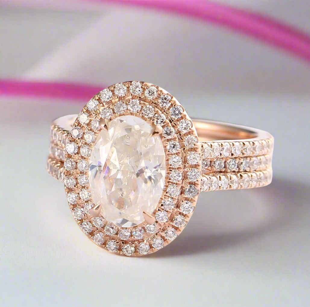 Oval Cut 14k Rose Gold Double Halo Engagement Ring-Black Diamonds New York